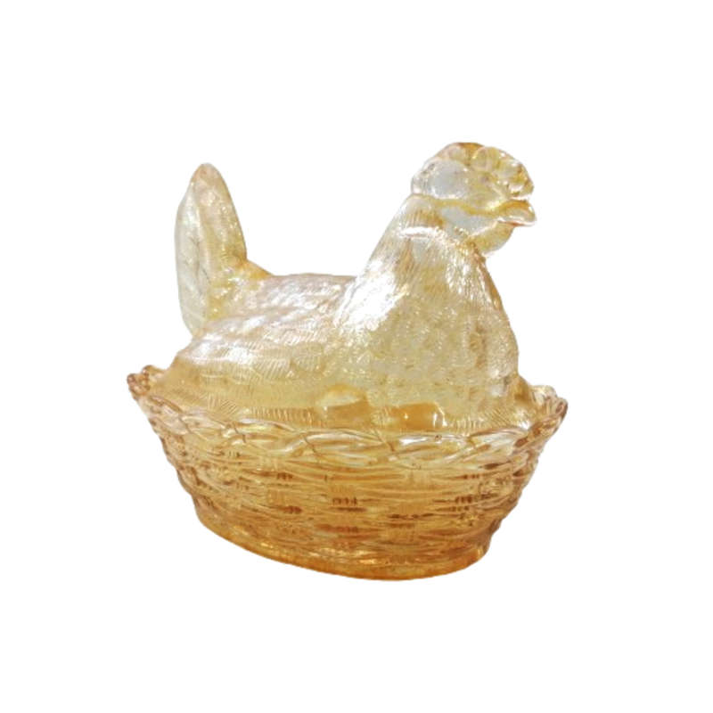 Vintage Dark Amber Pressed Glass Chicken / Hen Nest Lidded Dish