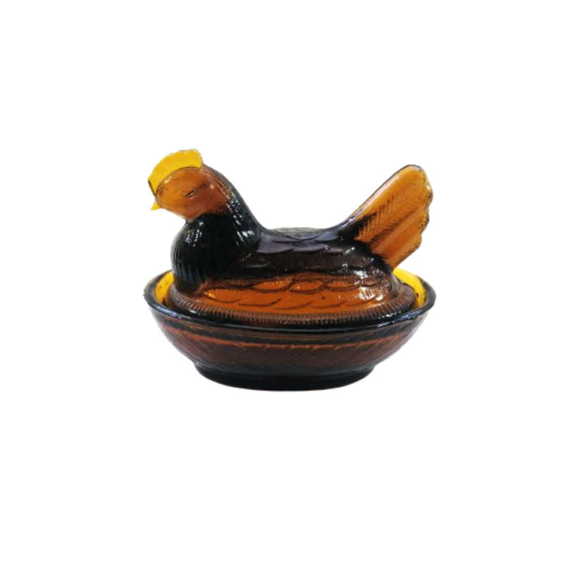 Vintage Dark Amber Pressed Glass Chicken / Hen Nest Lidded Dish