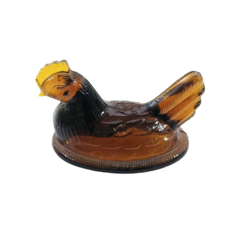 Vintage Dark Amber Pressed Glass Chicken / Hen Nest Lidded Dish