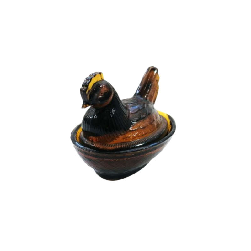 Vintage Dark Amber Pressed Glass Chicken / Hen Nest Lidded Dish