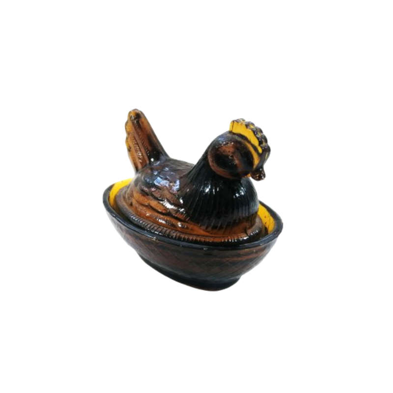 Vintage Dark Amber Pressed Glass Chicken / Hen Nest Lidded Dish