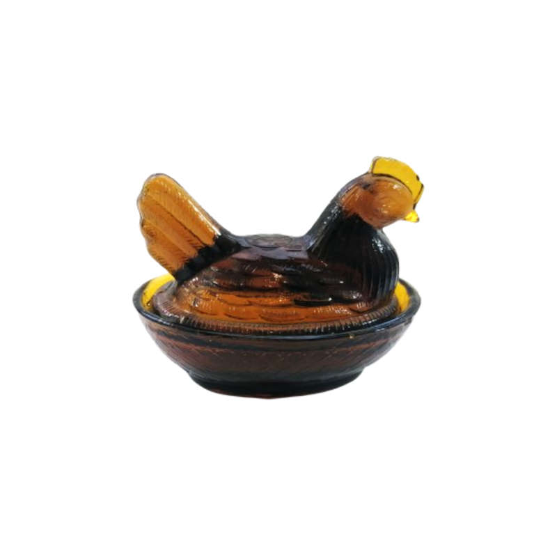 Vintage Dark Amber Pressed Glass Chicken / Hen Nest Lidded Dish