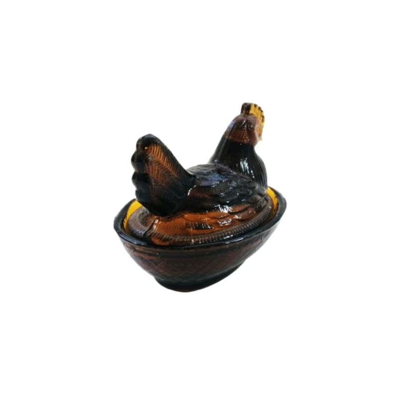 Vintage Dark Amber Pressed Glass Chicken / Hen Nest Lidded Dish