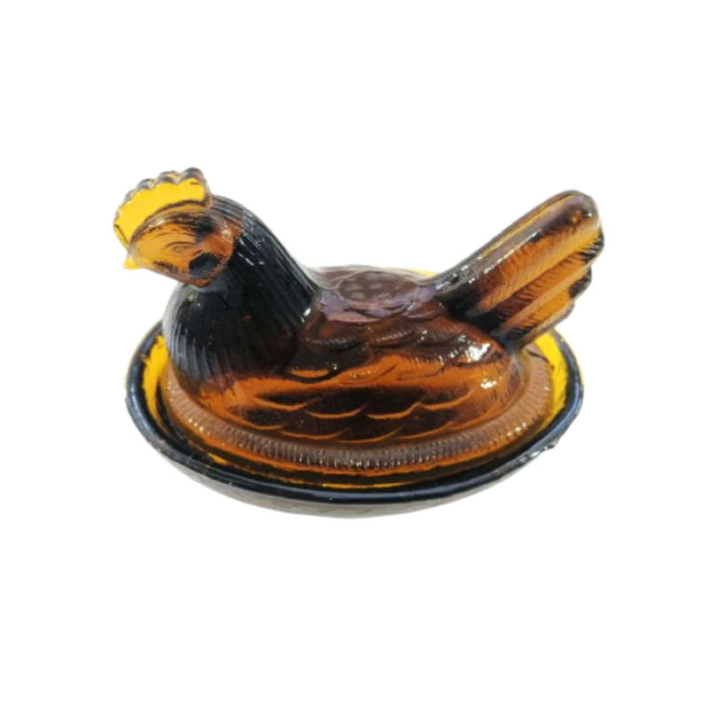 Vintage Dark Amber Pressed Glass Chicken / Hen Nest Lidded Dish