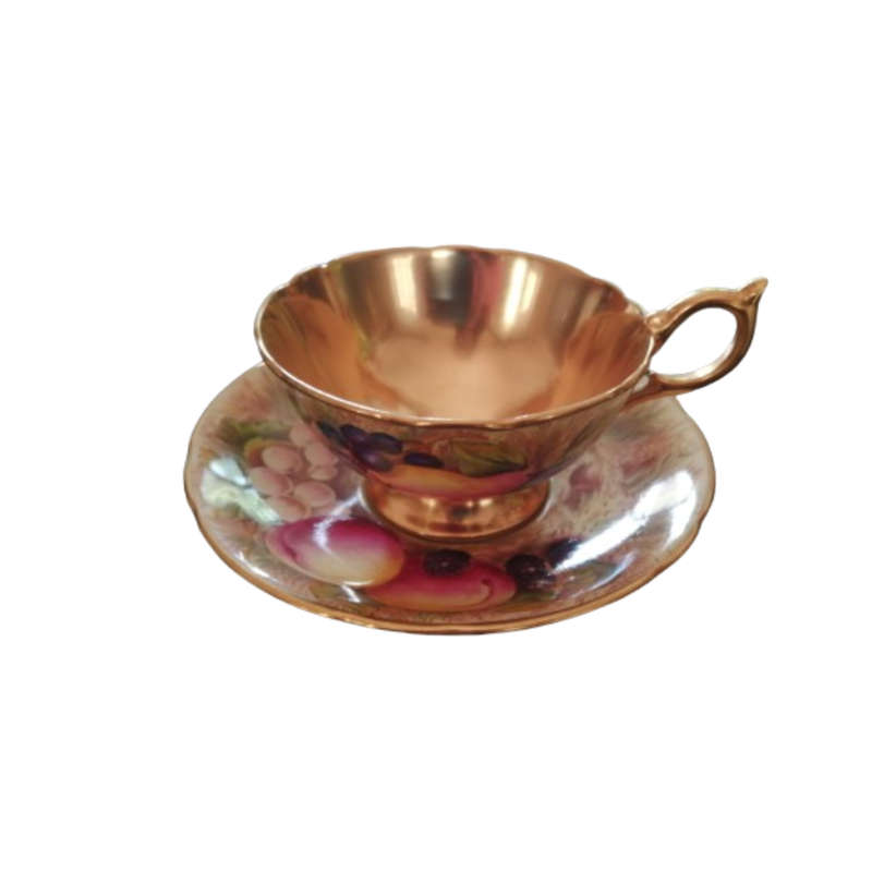 Aynsley Hand Painted Orchard Gold Fruit Cup and Saucer . Signed D. Jones.