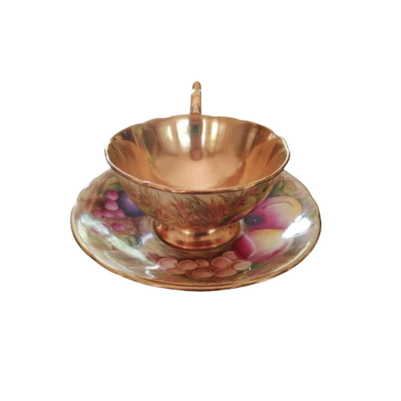 Aynsley Hand Painted Orchard Gold Fruit Cup and Saucer . Signed D. Jones.