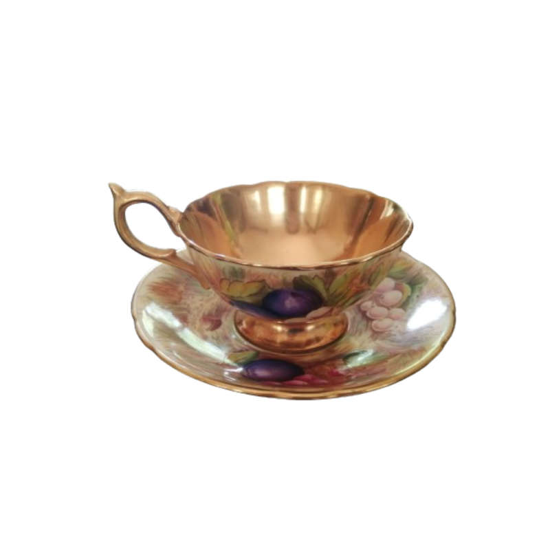 Aynsley Hand Painted Orchard Gold Fruit Cup and Saucer . Signed D. Jones.