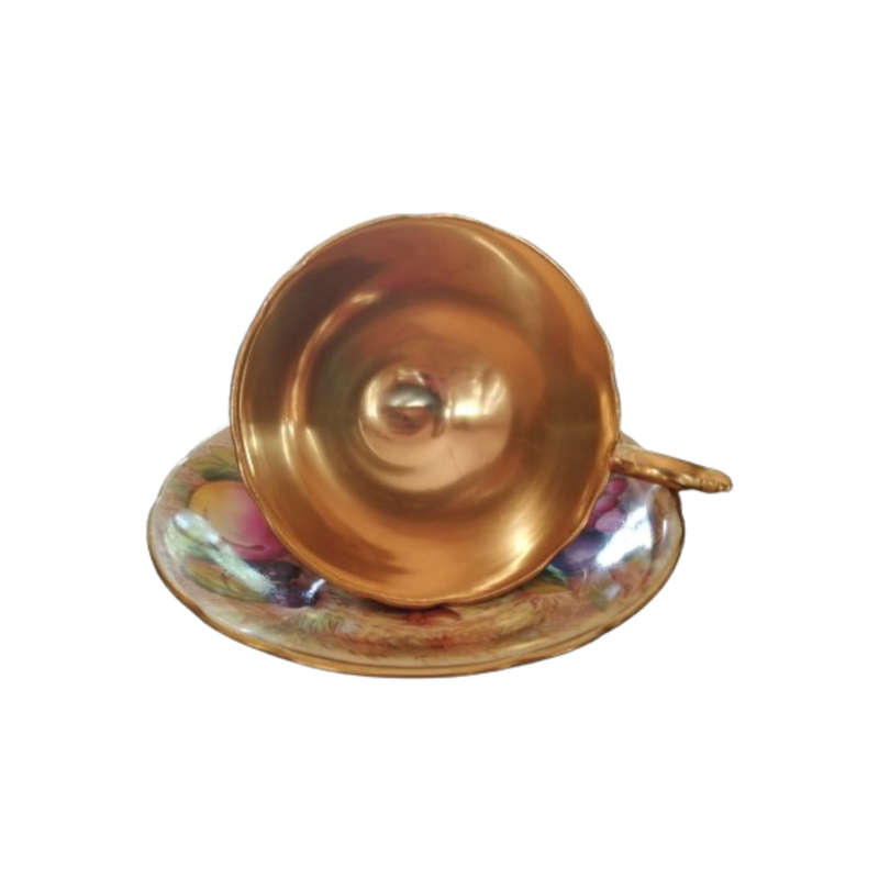 Aynsley Hand Painted Orchard Gold Fruit Cup and Saucer . Signed D. Jones.