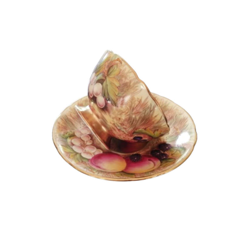 Aynsley Hand Painted Orchard Gold Fruit Cup and Saucer . Signed D. Jones.