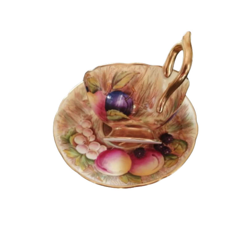Aynsley Hand Painted Orchard Gold Fruit Cup and Saucer . Signed D. Jones.
