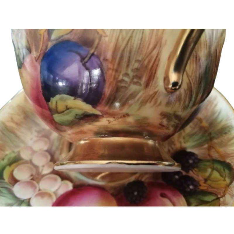 Aynsley Hand Painted Orchard Gold Fruit Cup and Saucer . Signed D. Jones.