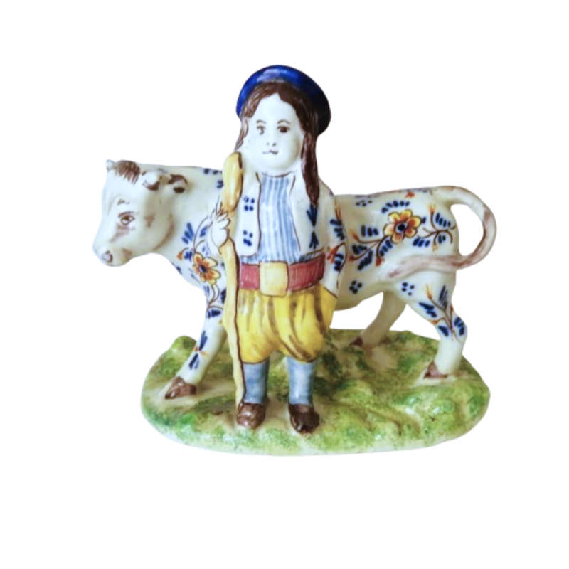 Delft Polychrome Cow and Milkboy Porceleyne Lampetkan 1778-1811
