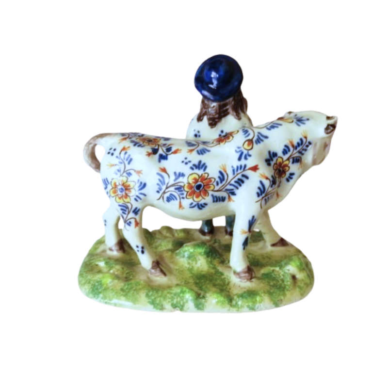Delft Polychrome Cow and Milkboy Porceleyne Lampetkan 1778-1811