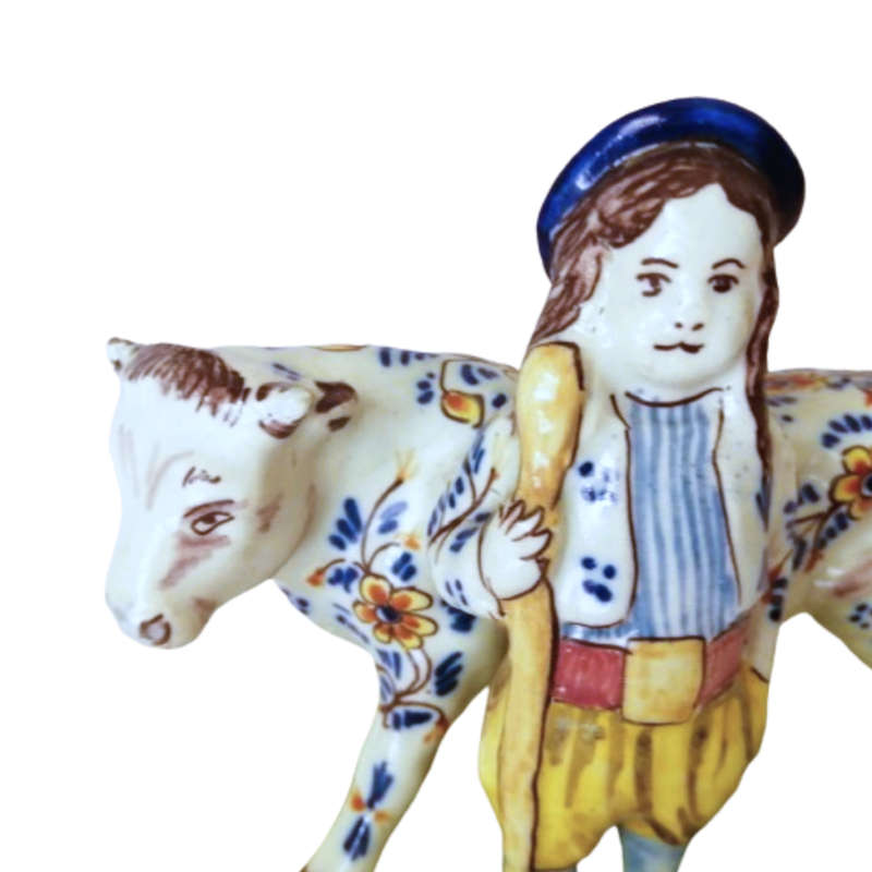 Delft Polychrome Cow and Milkboy Porceleyne Lampetkan 1778-1811