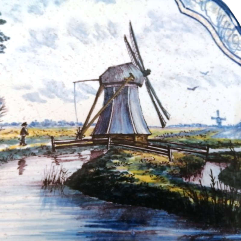 Antique Royal Tichelaar Makkum Majolica Dutch Windmill Plaque Plate Delft Blue