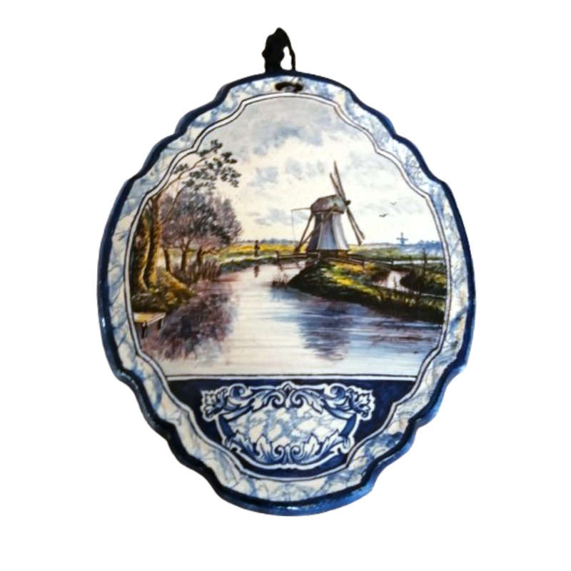 Antique Royal Tichelaar Makkum Majolica Dutch Windmill Plaque Plate Delft Blue