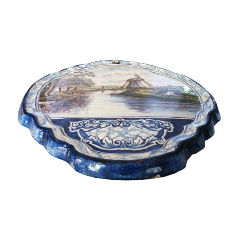 Antique Royal Tichelaar Makkum Majolica Dutch Windmill Plaque Plate Delft Blue