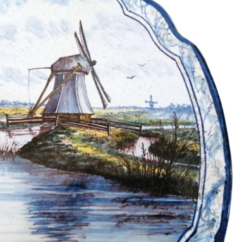 Antique Royal Tichelaar Makkum Majolica Dutch Windmill Plaque Plate Delft Blue