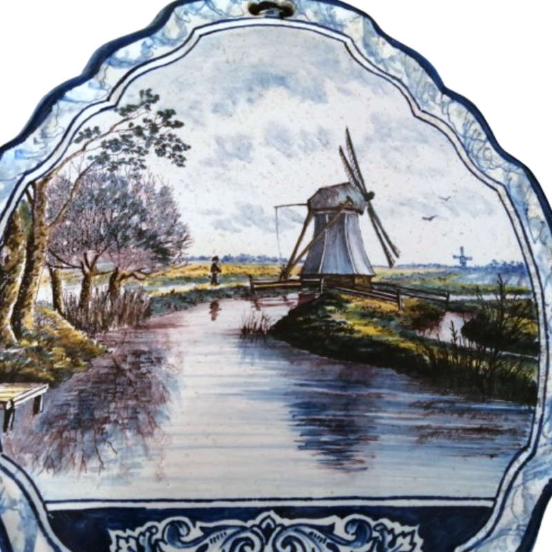 Antique Royal Tichelaar Makkum Majolica Dutch Windmill Plaque Plate Delft Blue