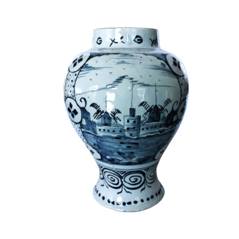This beautiful Large c.1800 Delft Blue Pottery Vase Hand Painted Windmill