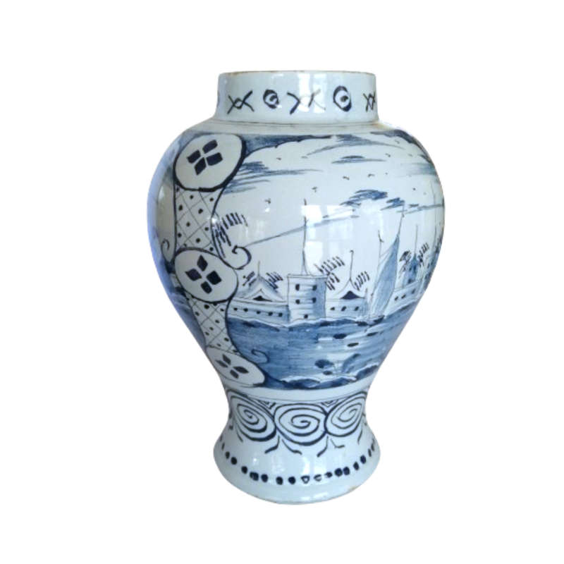 This beautiful Large c.1800 Delft Blue Pottery Vase Hand Painted Windmill