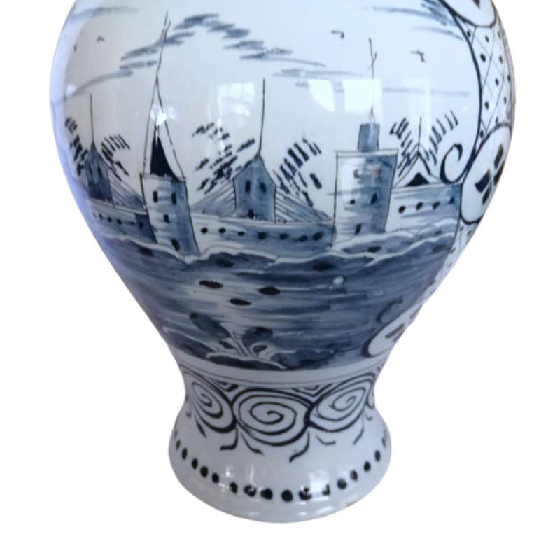 This beautiful Large c.1800 Delft Blue Pottery Vase Hand Painted Windmill