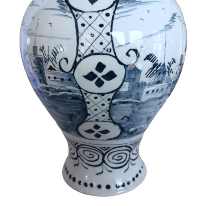 This beautiful Large c.1800 Delft Blue Pottery Vase Hand Painted Windmill