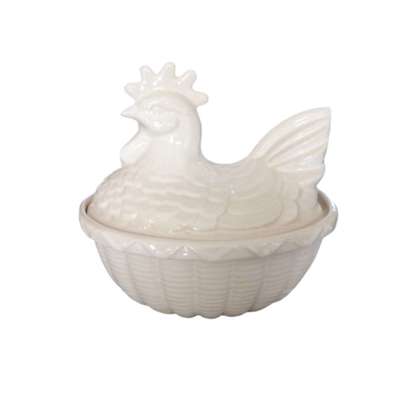 Large Vintage White Glazed Chicken / Hen Nest Lidded Dish