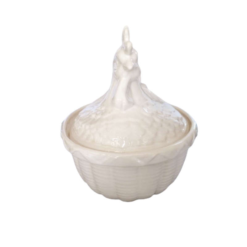 Large Vintage White Glazed Chicken / Hen Nest Lidded Dish