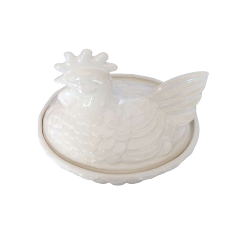 Large Vintage White Glazed Chicken / Hen Nest Lidded Dish