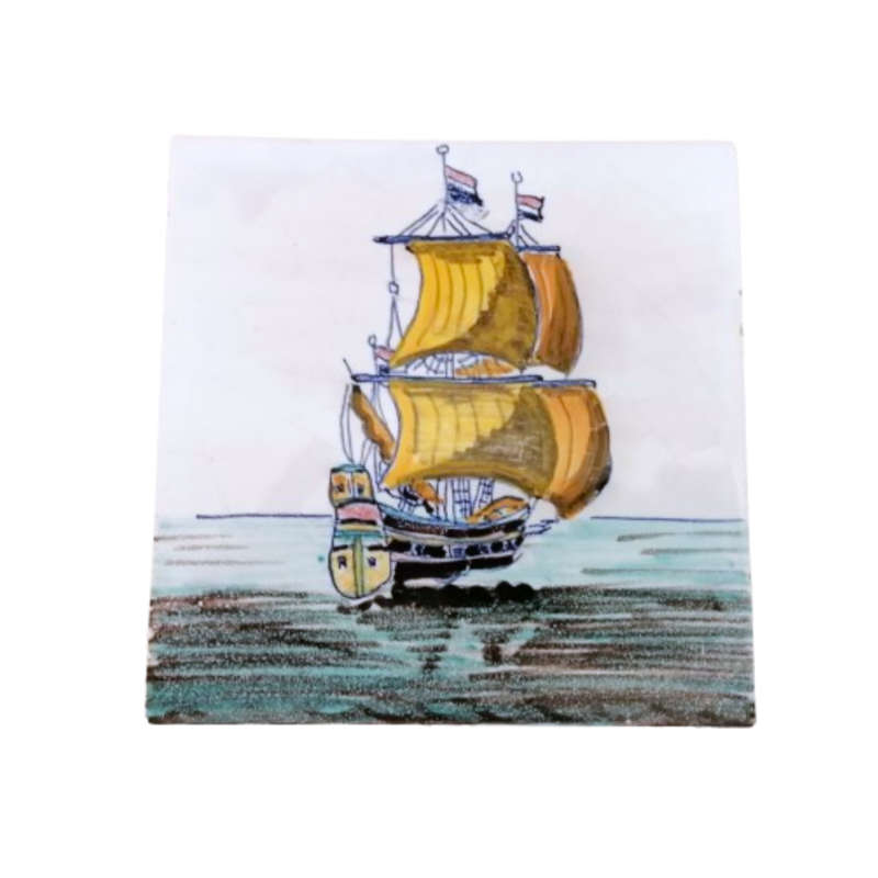 Delft Pottery Tile Hand Painted Polychrome Dutch East India Company Galion