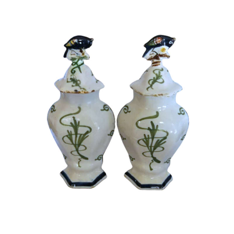 Pair Dutch Delft Polychrone Covered Vases Pottery Delft Garniture Vases with Parrots 19th