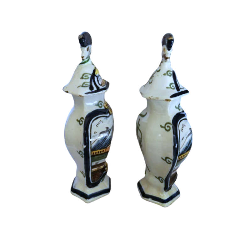 Pair Dutch Delft Polychrone Covered Vases Pottery Delft Garniture Vases with Parrots 19th