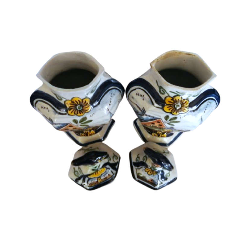 Pair Dutch Delft Polychrone Covered Vases Pottery Delft Garniture Vases with Parrots 19th