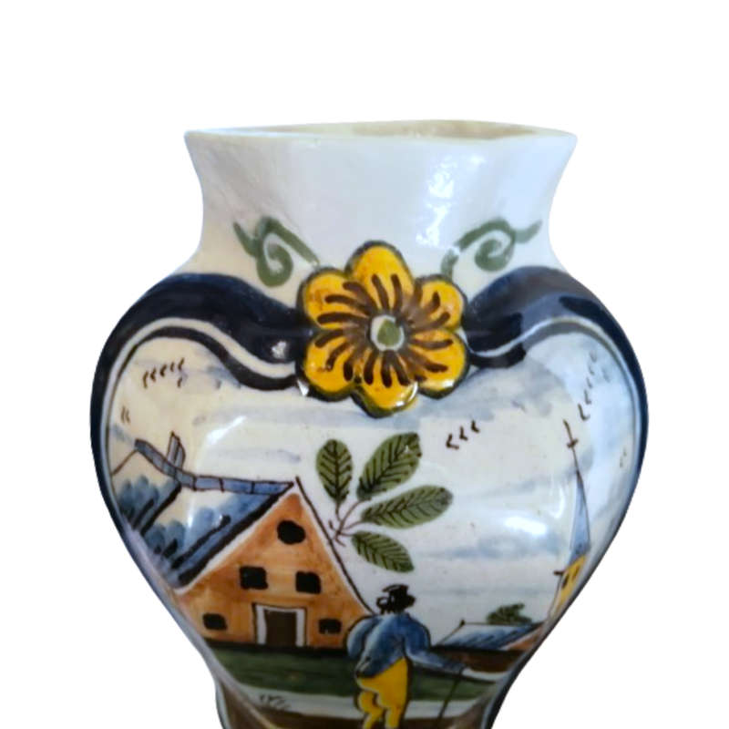 Pair Dutch Delft Polychrone Covered Vases Pottery Delft Garniture Vases with Parrots 19th