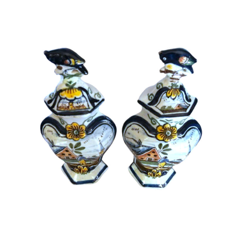 Pair Dutch Delft Polychrone Covered Vases Pottery Delft Garniture Vases with Parrots 19th