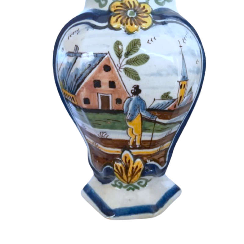 Pair Dutch Delft Polychrone Covered Vases Pottery Delft Garniture Vases with Parrots 19th