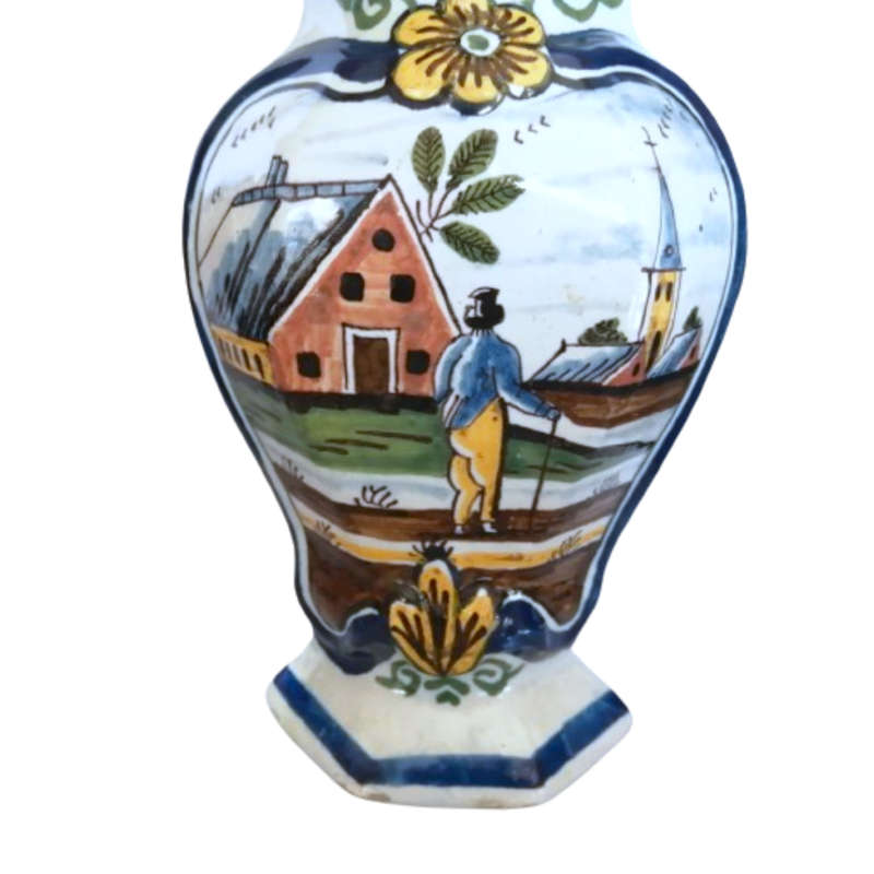 Pair Dutch Delft Polychrone Covered Vases Pottery Delft Garniture Vases with Parrots 19th