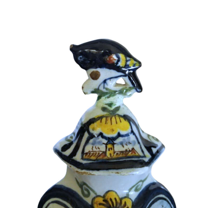 Pair Dutch Delft Polychrone Covered Vases Pottery Delft Garniture Vases with Parrots 19th