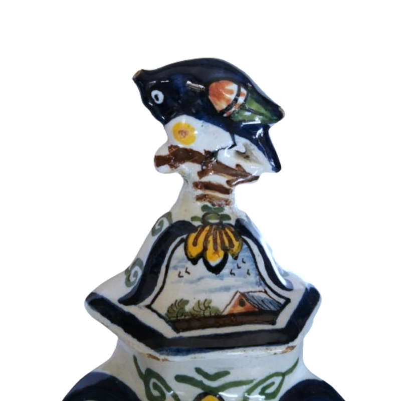 Pair Dutch Delft Polychrone Covered Vases Pottery Delft Garniture Vases with Parrots 19th