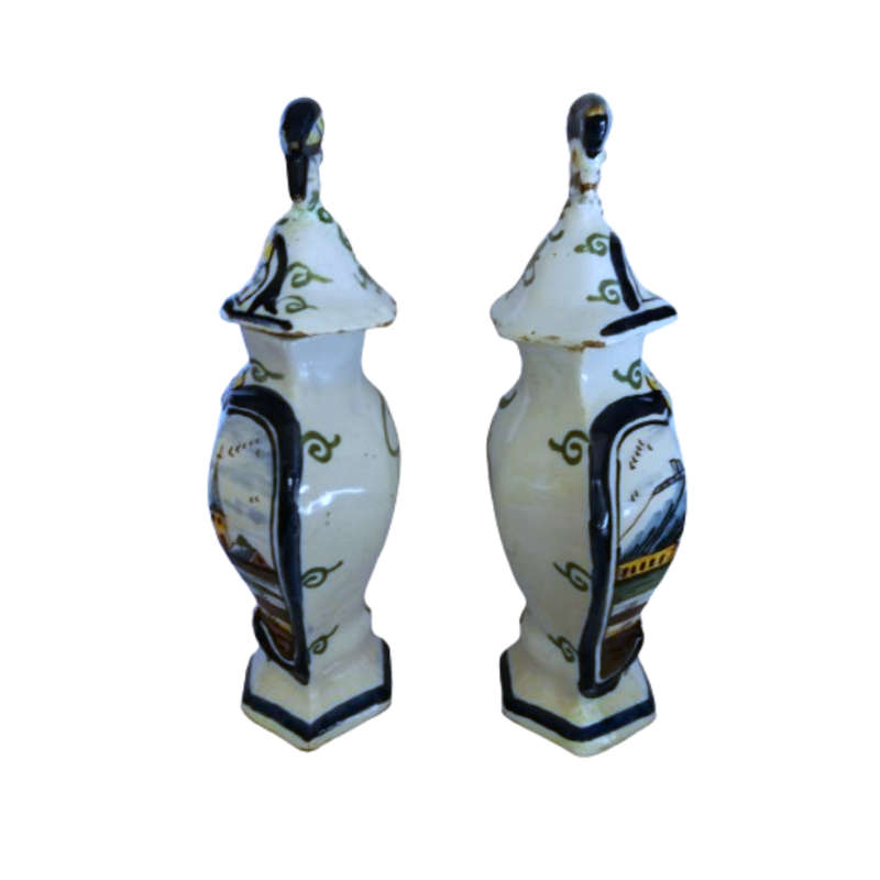 Pair Dutch Delft Polychrone Covered Vases Pottery Delft Garniture Vases with Parrots 19th