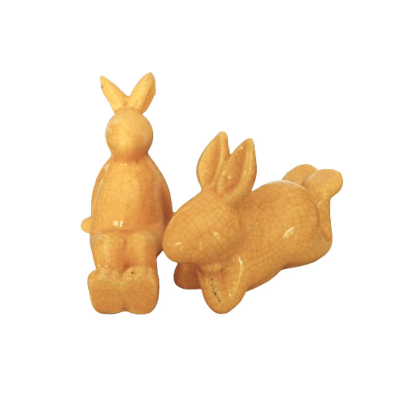 Pair of Large Raku Yellow Pottery Rabbit Bunnies
