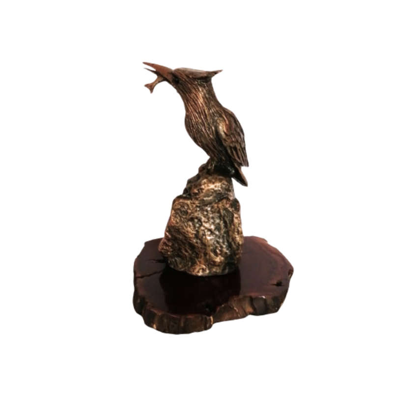 Bushcalls Cold Bronze Kingfisher Statue on Wooden Base