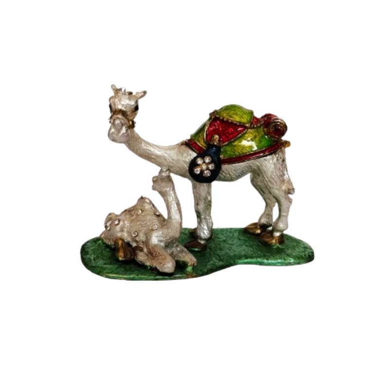 Egyptian Zinc Metal Enamel Hand-Painted Trinket Holder - Rhinestone Inlaid Camel with Calf