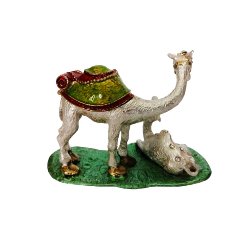 Egyptian Zinc Metal Enamel Hand-Painted Trinket Holder - Rhinestone Inlaid Camel with Calf