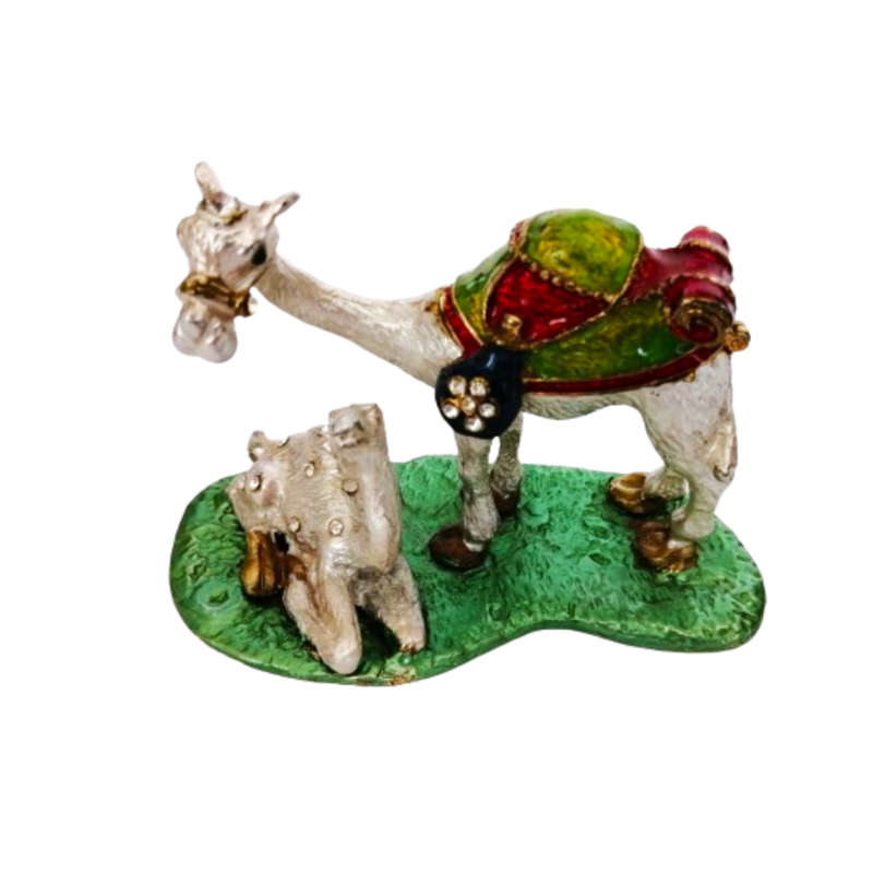Egyptian Zinc Metal Enamel Hand-Painted Trinket Holder - Rhinestone Inlaid Camel with Calf