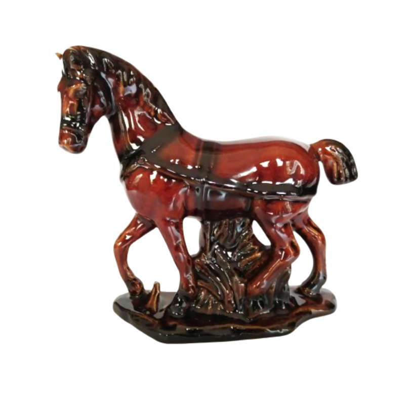 Pair of Vintage Brown Glazed Ceramic Harnessed Horses Hand Crafted