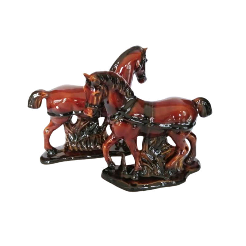 Pair of Vintage Brown Glazed Ceramic Harnessed Horses Hand Crafted