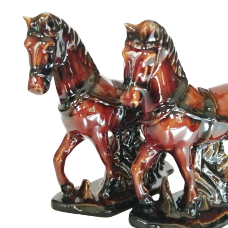 Pair of Vintage Brown Glazed Ceramic Harnessed Horses Hand Crafted