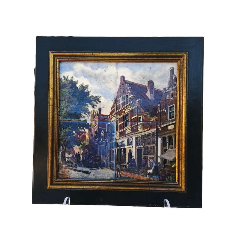 Framed Delft Polychrome Pottery c18`s Tiles Scene of Utrecht Jan Mynhef